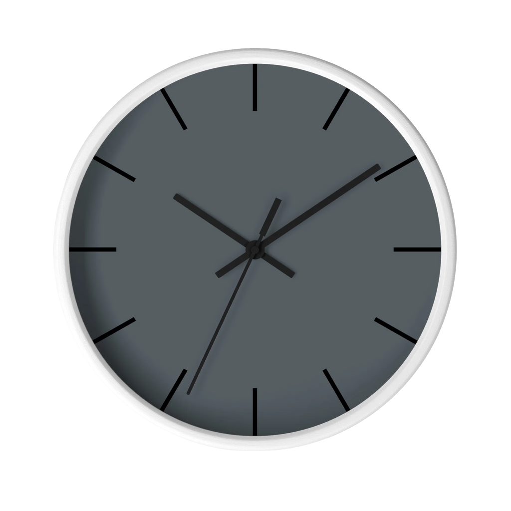 Anchor grey slate silent wall clock, white base, black hands, black markers, 10 inch, front view.