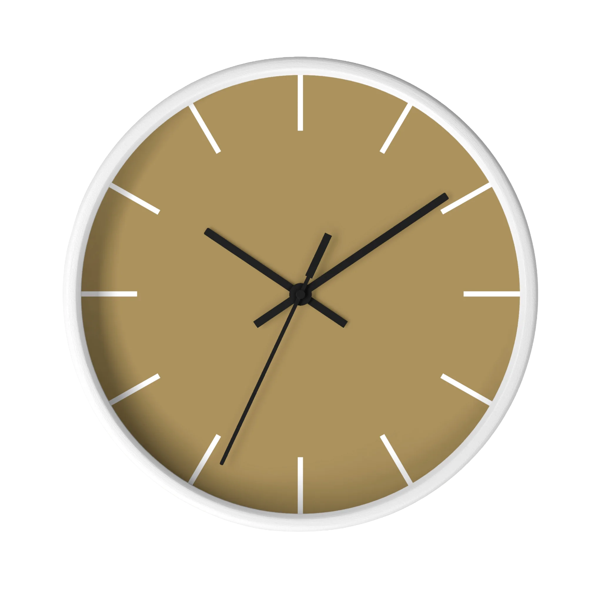 Ash mustard silent wall clock, white base, black hands, white markers, 10 inch, front view.