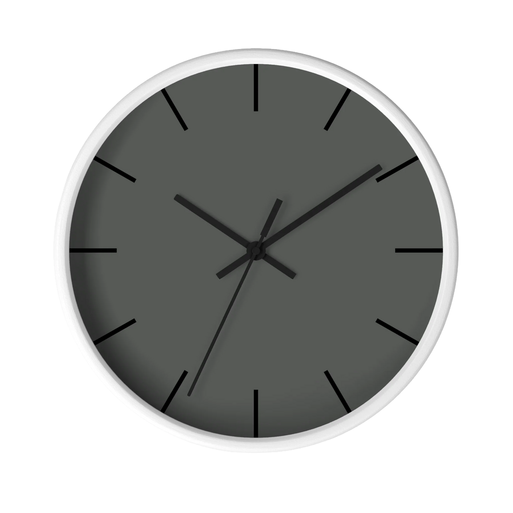 Atomic grey silent wall clock, white base, black hands, black markers, 10 inch, front view.