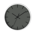 Atomic grey silent wall clock, white base, black hands, black markers, 10 inch, front view.