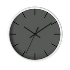 Atomic grey silent wall clock, white base, black hands, black markers, 10 inch, front view.