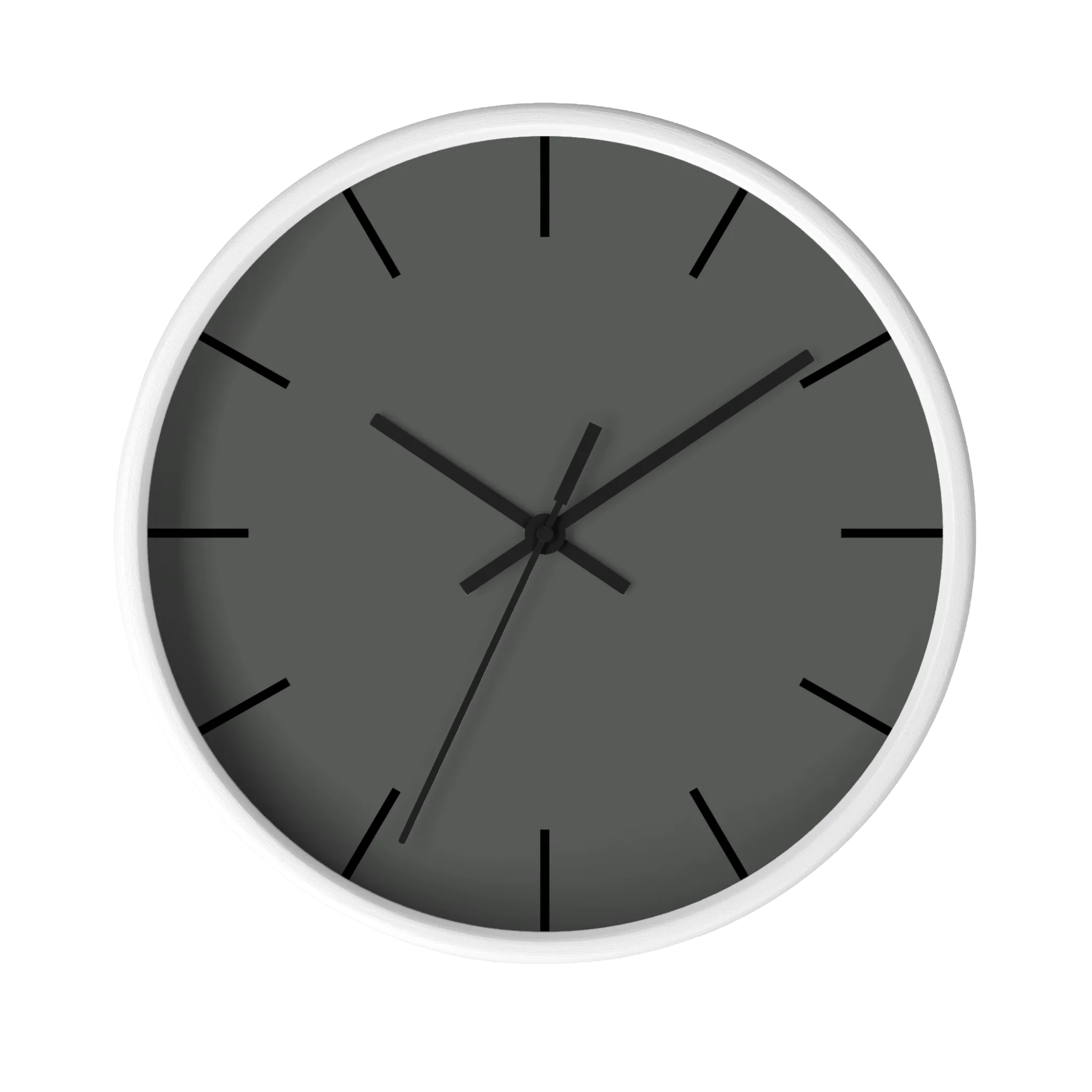Atomic grey silent wall clock, white base, black hands, black markers, 10 inch, front view.