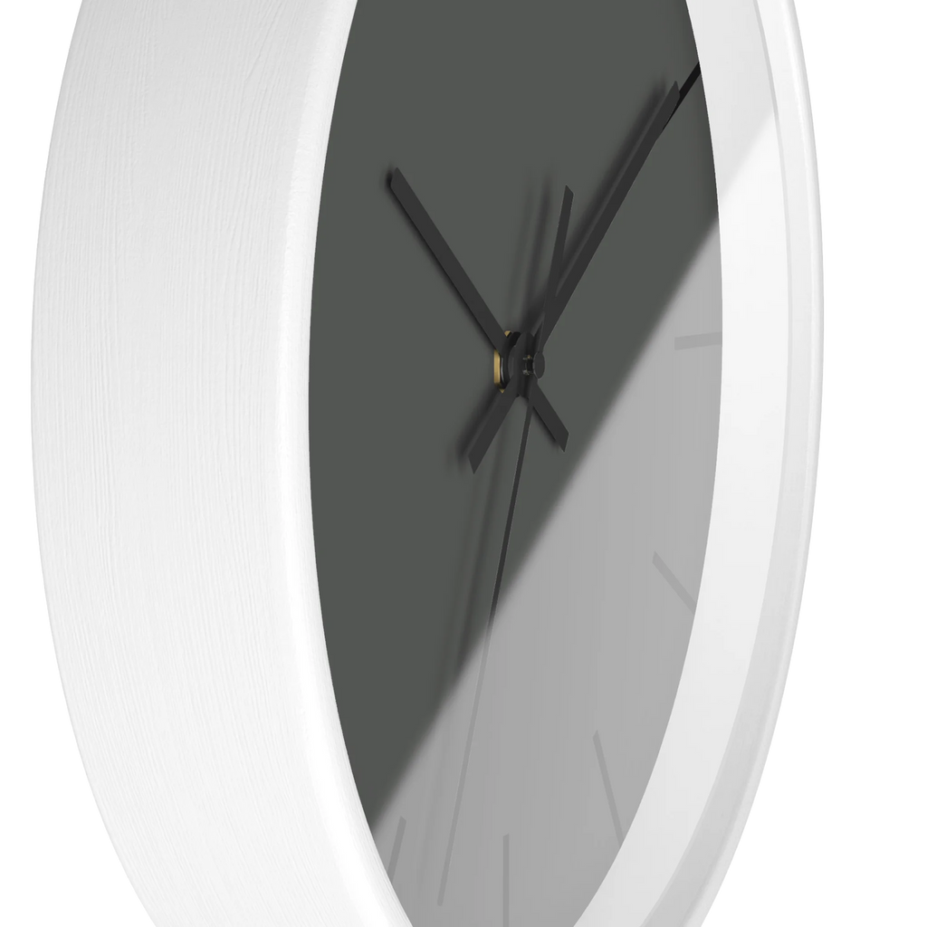 Atomic grey silent wall clock, white base, black hands, black markers, 10 inch, side view.