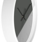 Atomic grey silent wall clock, white base, black hands, black markers, 10 inch, side view.