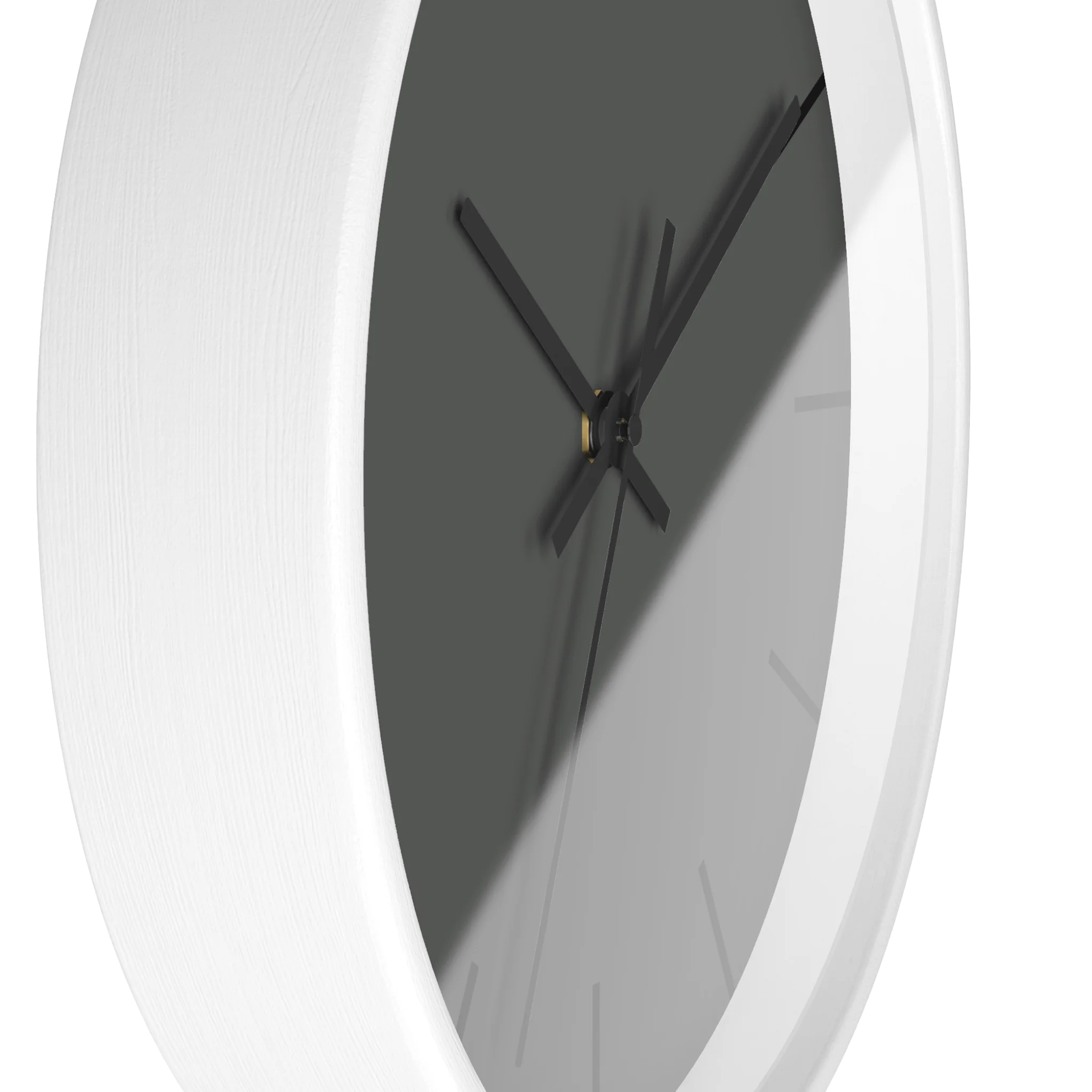 Atomic grey silent wall clock, white base, black hands, black markers, 10 inch, side view.