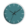 Bismark teal silent wall clock, white base, black hands, white markers, 10 inch, front view.