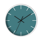 Bismark teal silent wall clock, white base, black hands, white markers, 10 inch, front view.