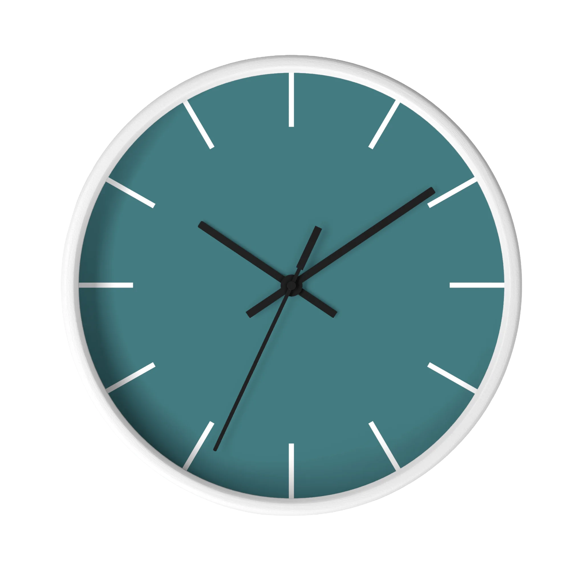 Bismark teal silent wall clock, white base, black hands, white markers, 10 inch, front view.