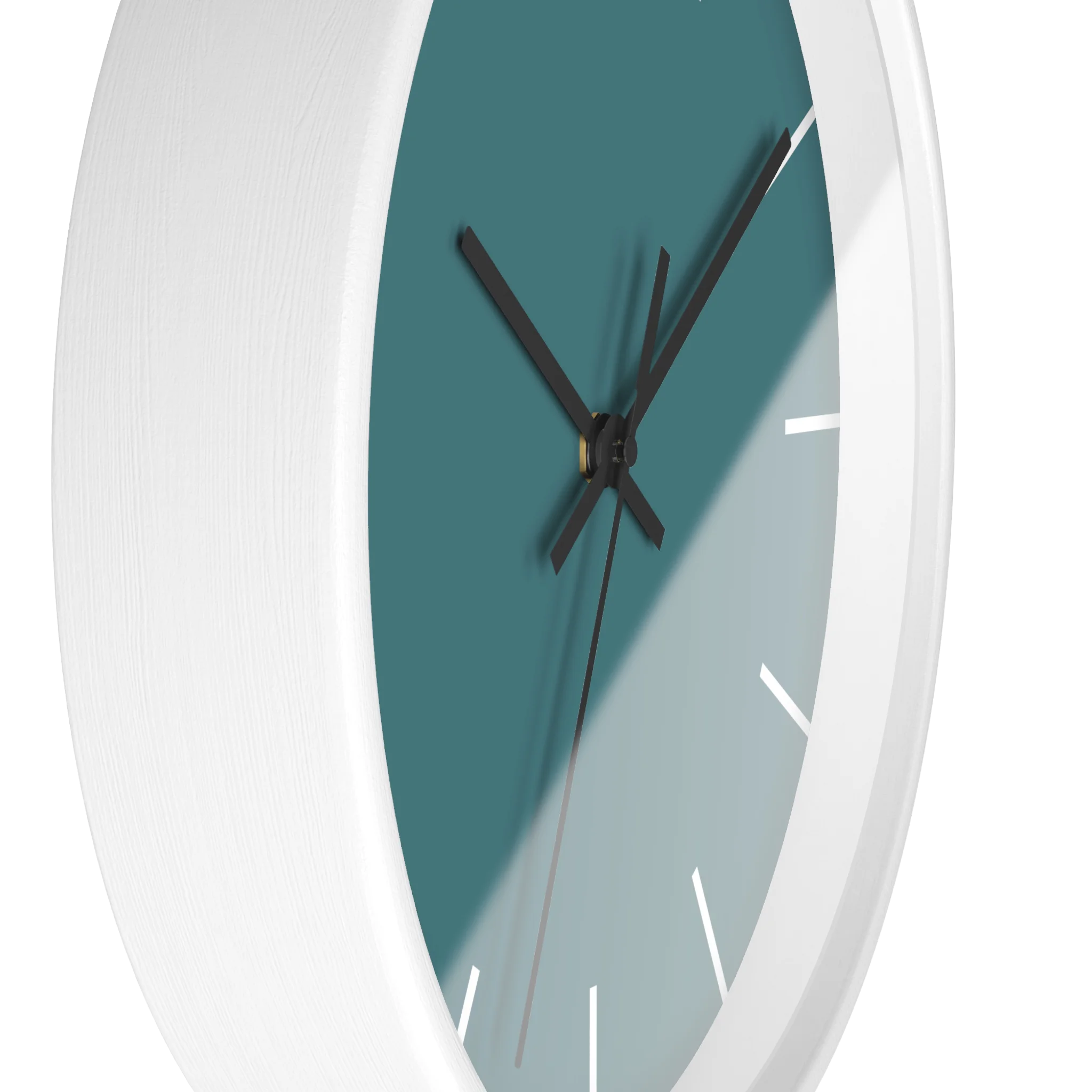 Bismark teal silent wall clock, white base, black hands, white markers, 10 inch, side view.