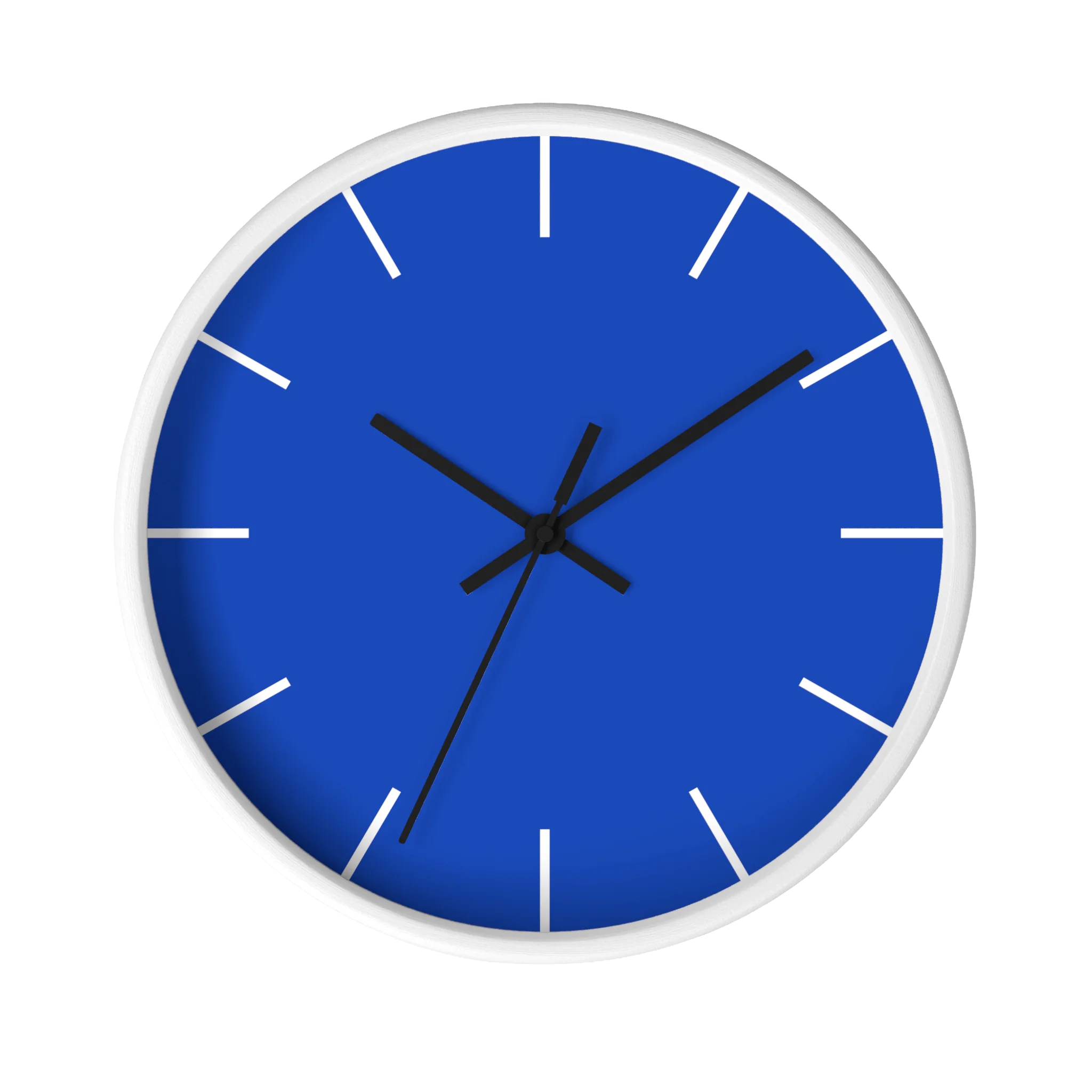 Blue silent wall clock, white base, black hands, white markers, 10 inch, front view.