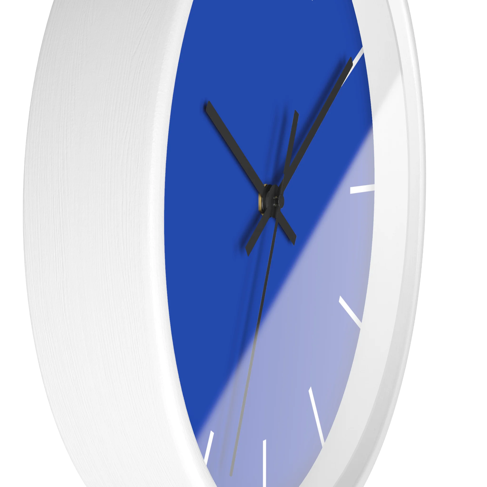 Blue silent wall clock, white base, black hands, white markers, 10 inch, side view.