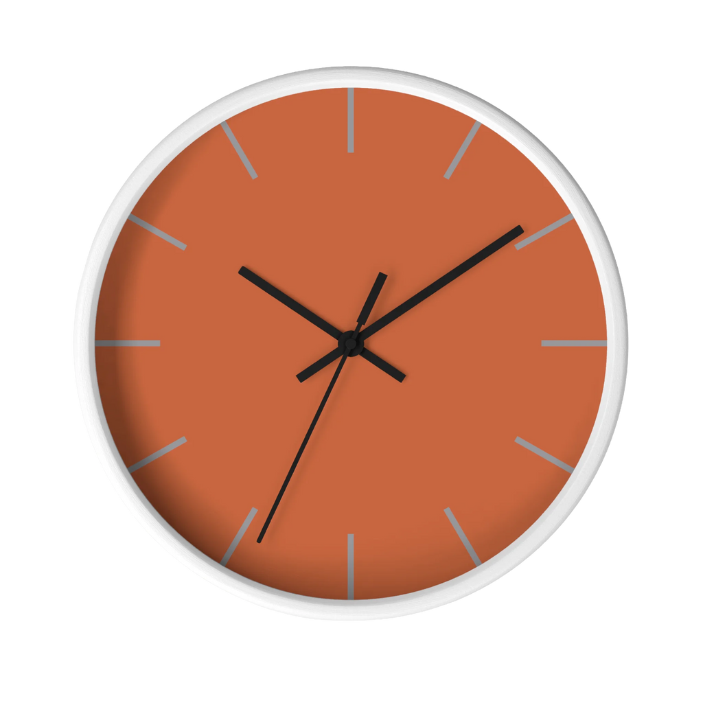 Boho rust orange silent wall clock, white base, black hands, light grey markers, 10 inch, front view.