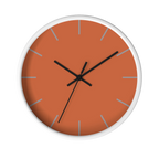 Boho rust orange silent wall clock, white base, black hands, light grey markers, 10 inch, front view.