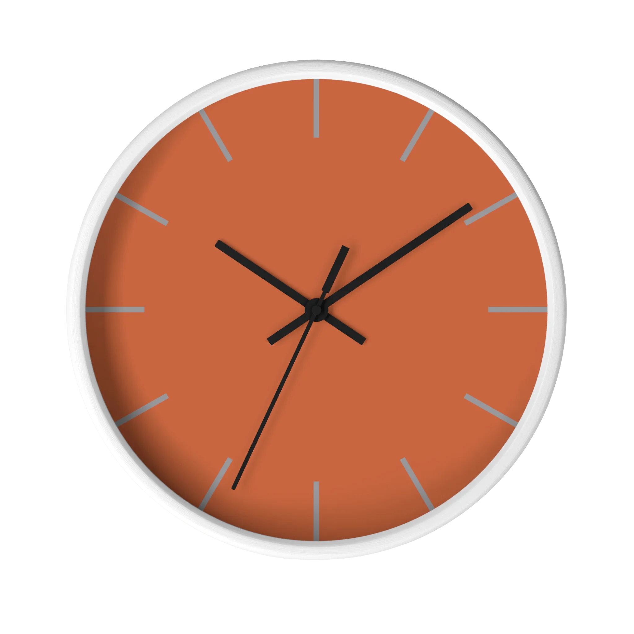 Boho rust orange silent wall clock, white base, black hands, light grey markers, 10 inch, front view.