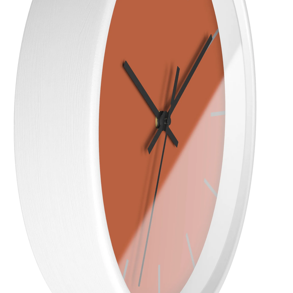 Boho rust orange silent wall clock, white base, black hands, light grey markers, 10 inch, side view.