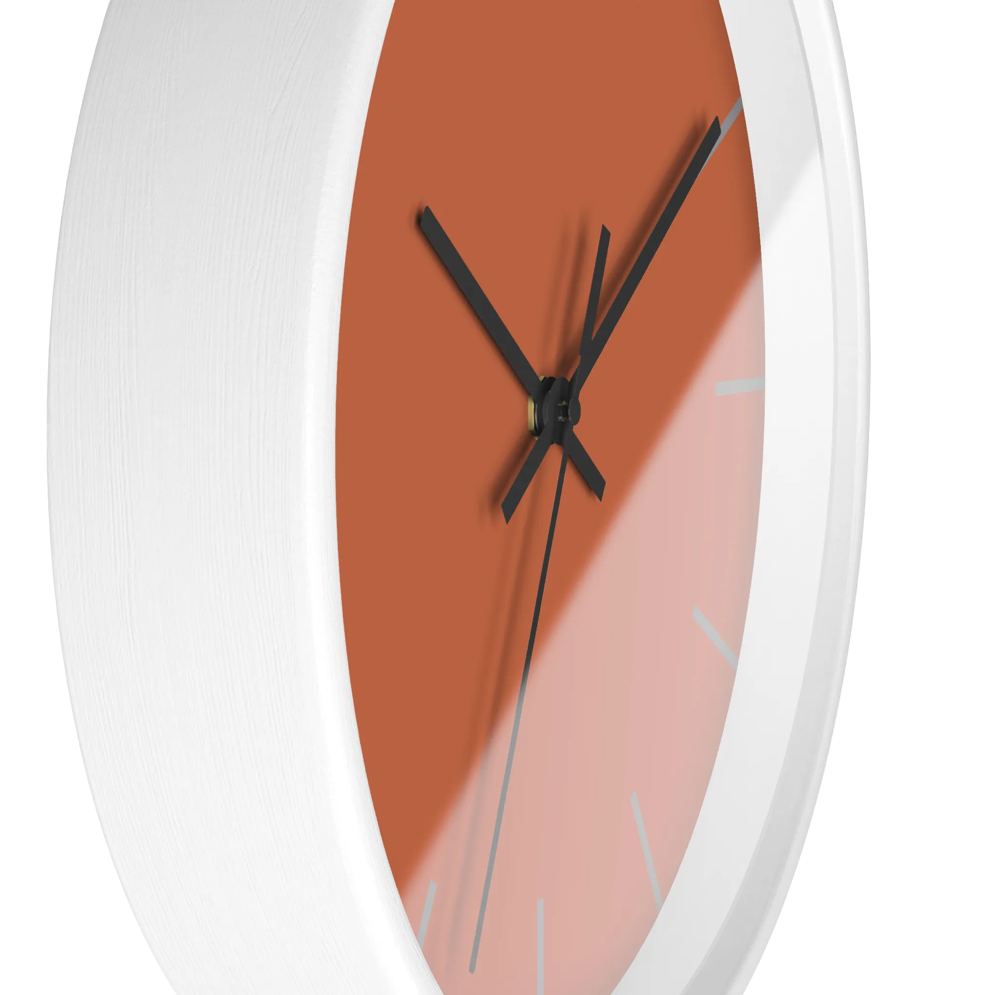 Boho rust orange silent wall clock, white base, black hands, light grey markers, 10 inch, side view.