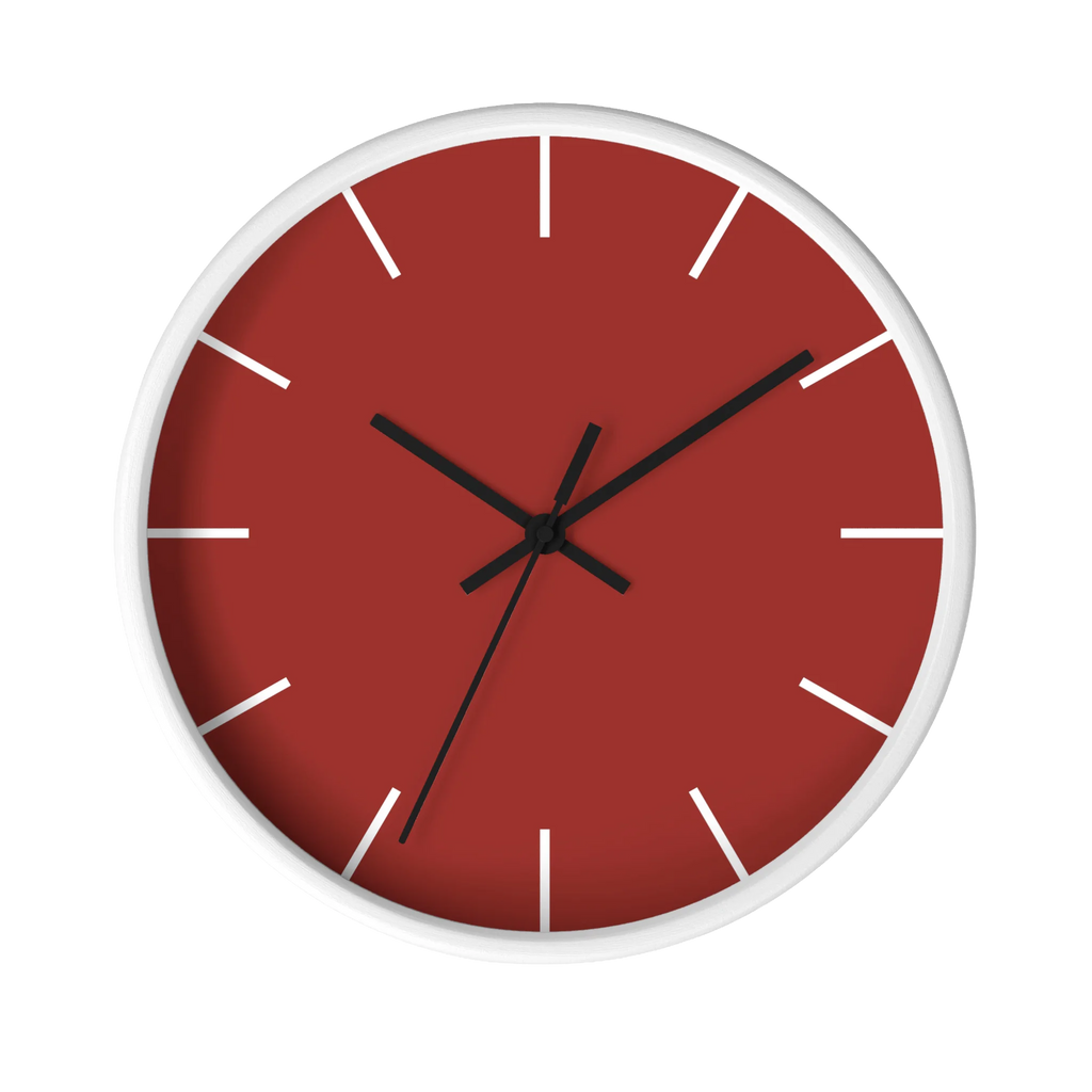 Brownish red silent wall clock, white base, black hands, white markers, 10 inch, front view.