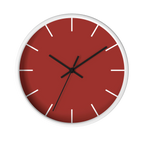 Brownish red silent wall clock, white base, black hands, white markers, 10 inch, front view.