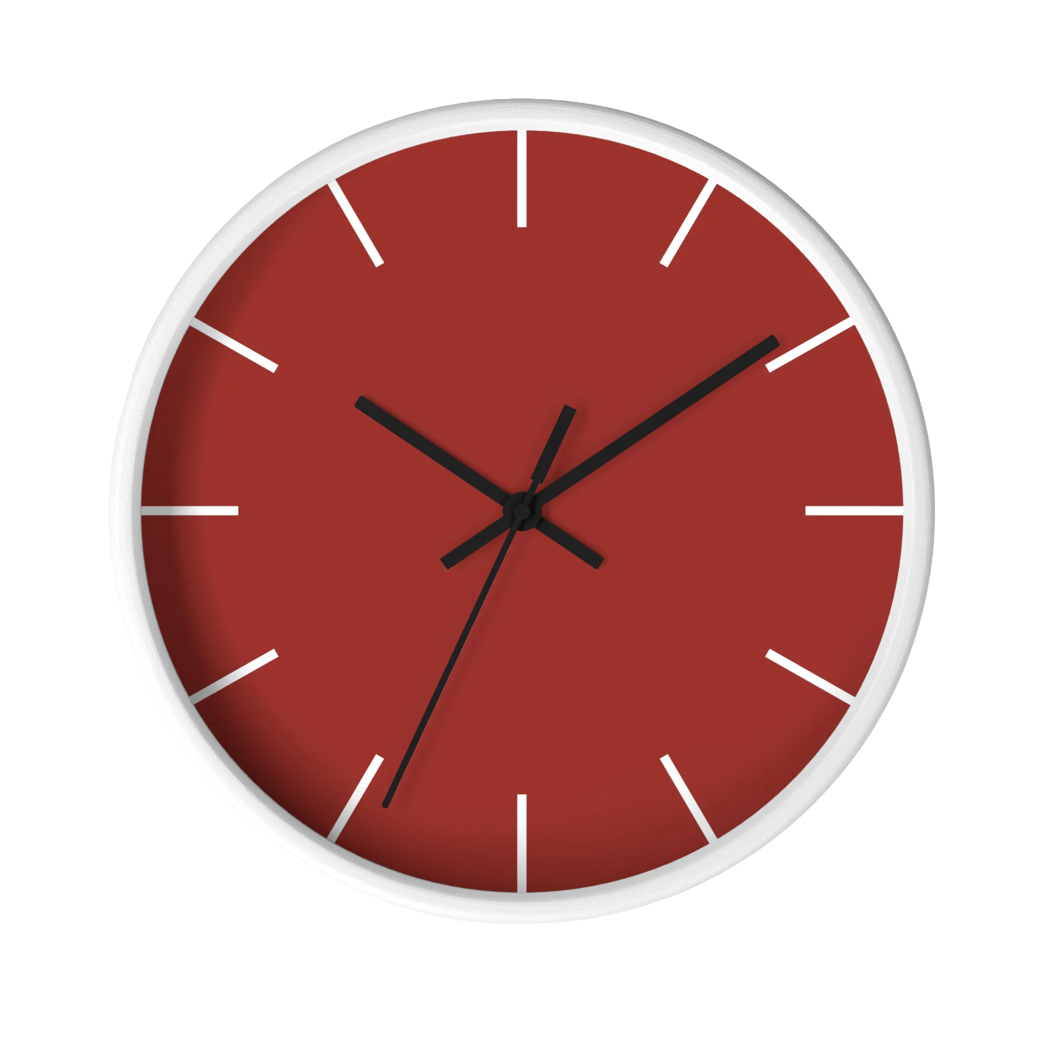 Brownish red silent wall clock, white base, black hands, white markers, 10 inch, front view.