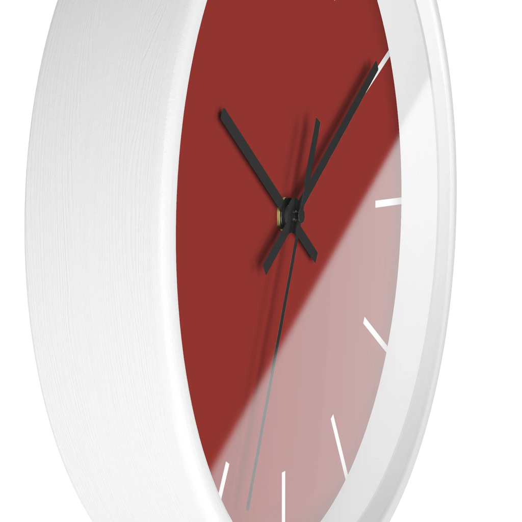 Brownish red silent wall clock, white base, black hands, white markers, 10 inch, side view.