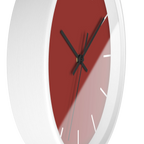 Brownish red silent wall clock, white base, black hands, white markers, 10 inch, side view.