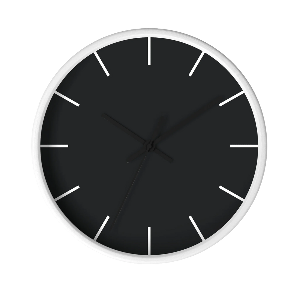 Carbon fiber black silent wall clock, white base, black hands, white markers, 10 inch, front view.