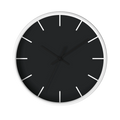 Carbon fiber black silent wall clock, white base, black hands, white markers, 10 inch, front view.