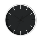 Carbon fiber black silent wall clock, white base, black hands, white markers, 10 inch, front view.