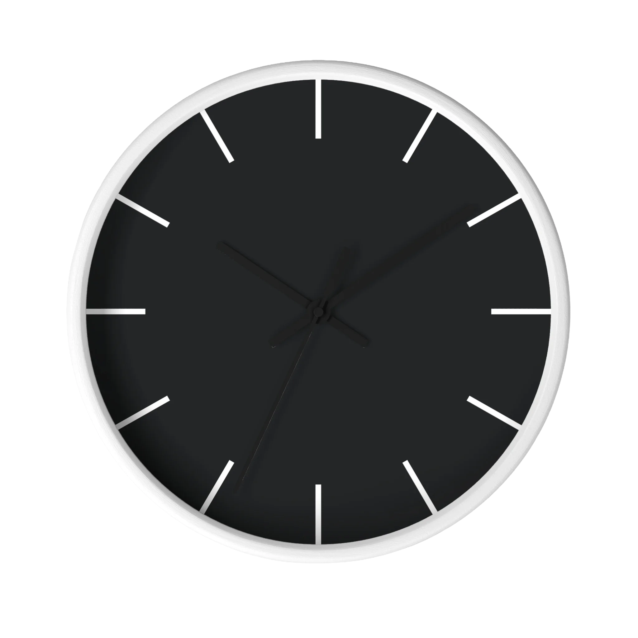 Carbon fiber black silent wall clock, white base, black hands, white markers, 10 inch, front view.