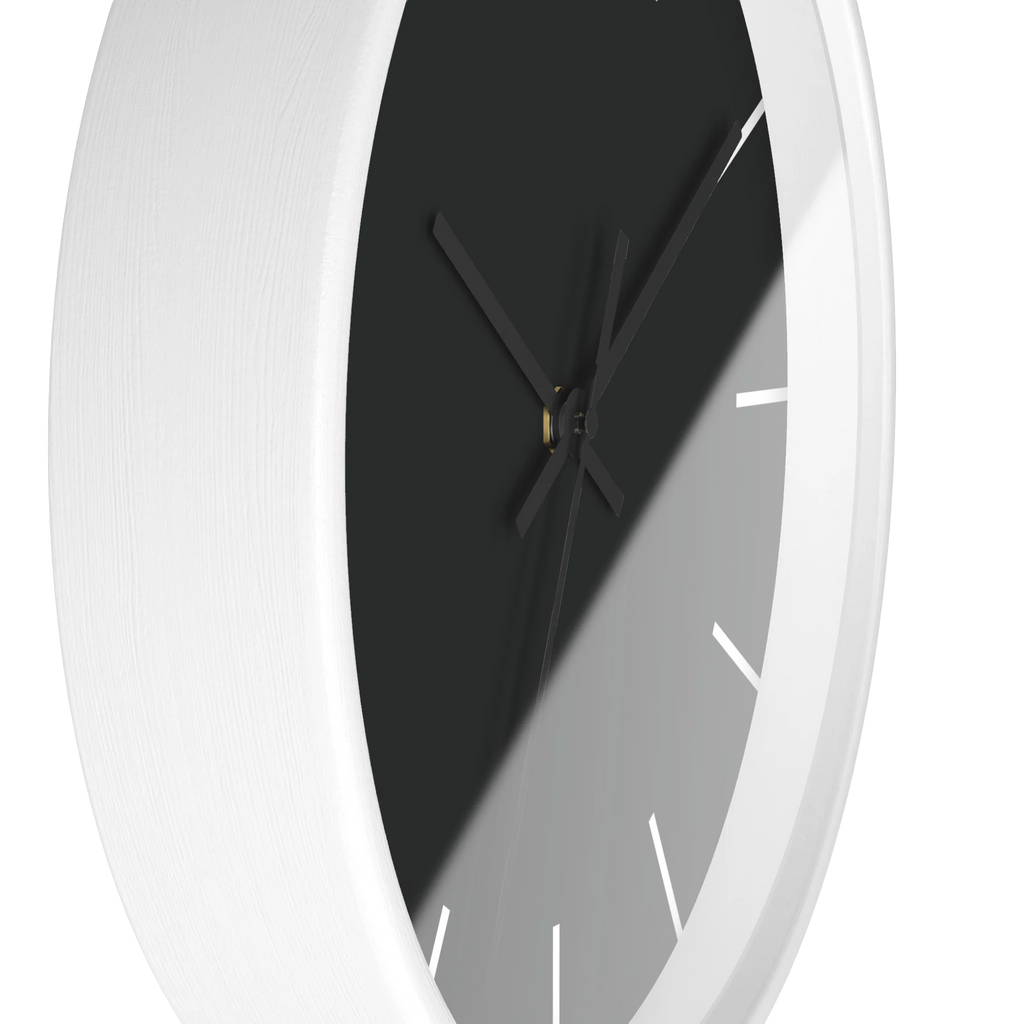 Carbon fiber black silent wall clock, white base, black hands, white markers, 10 inch, side view.