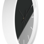 Carbon fiber black silent wall clock, white base, black hands, white markers, 10 inch, side view.