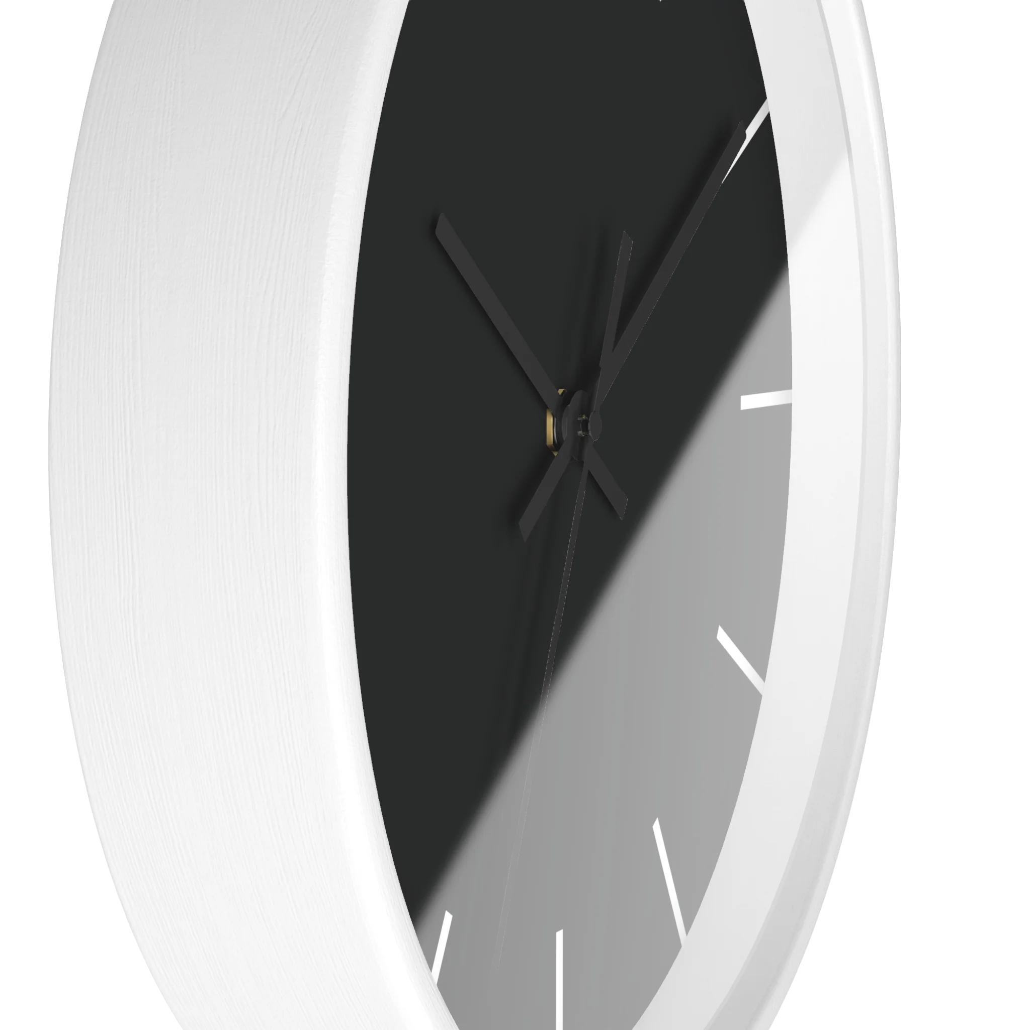 Carbon fiber black silent wall clock, white base, black hands, white markers, 10 inch, side view.