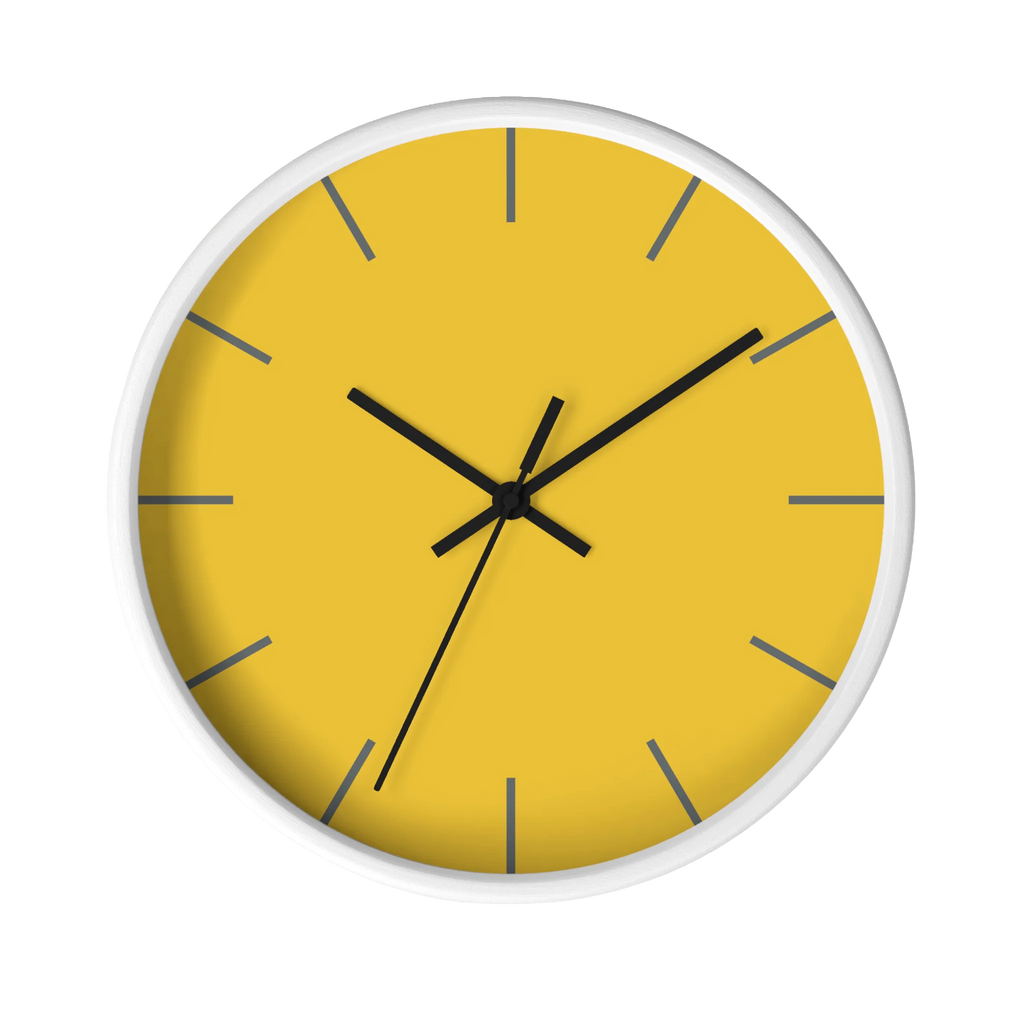 Champ yellow silent wall clock, white base, black hands, dark grey markers, 10 inch, front view.