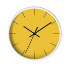 Champ yellow silent wall clock, white base, black hands, dark grey markers, 10 inch, front view.