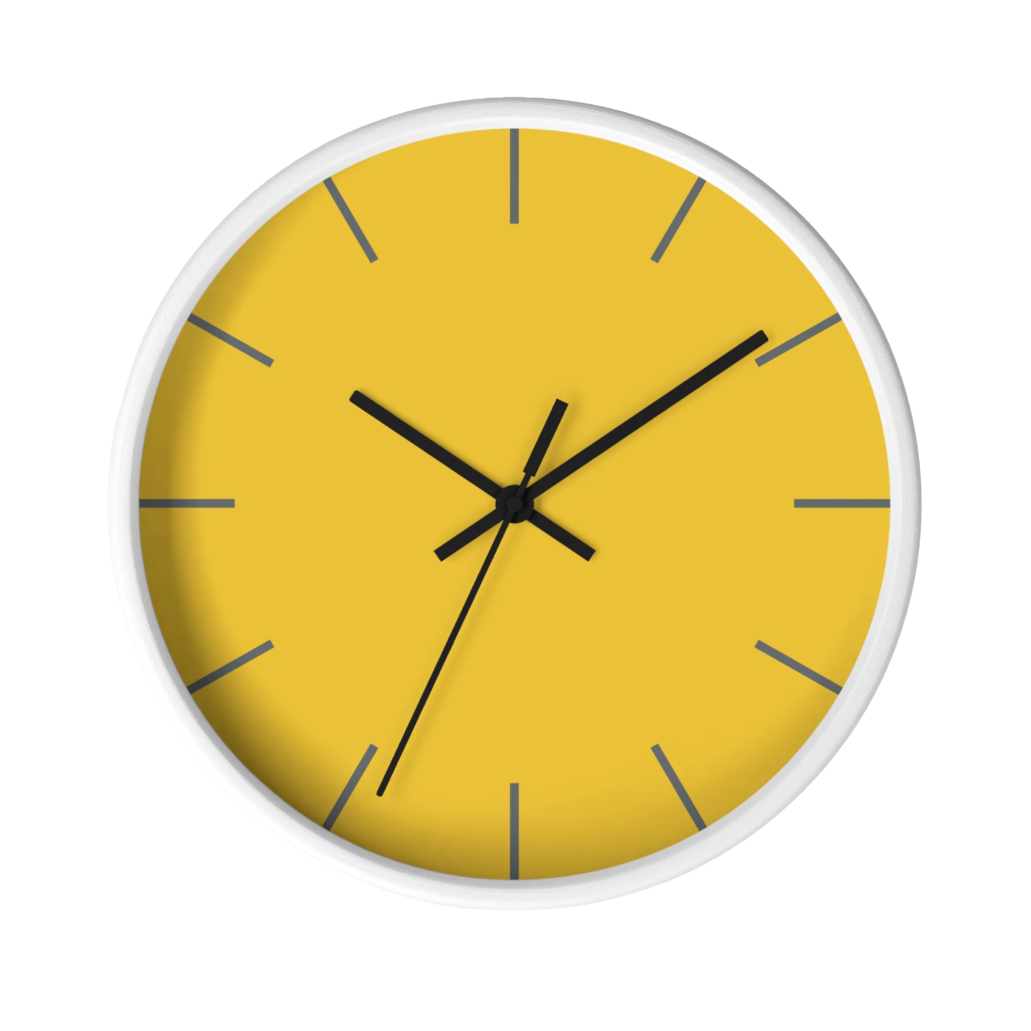 Champ yellow silent wall clock, white base, black hands, dark grey markers, 10 inch, front view.