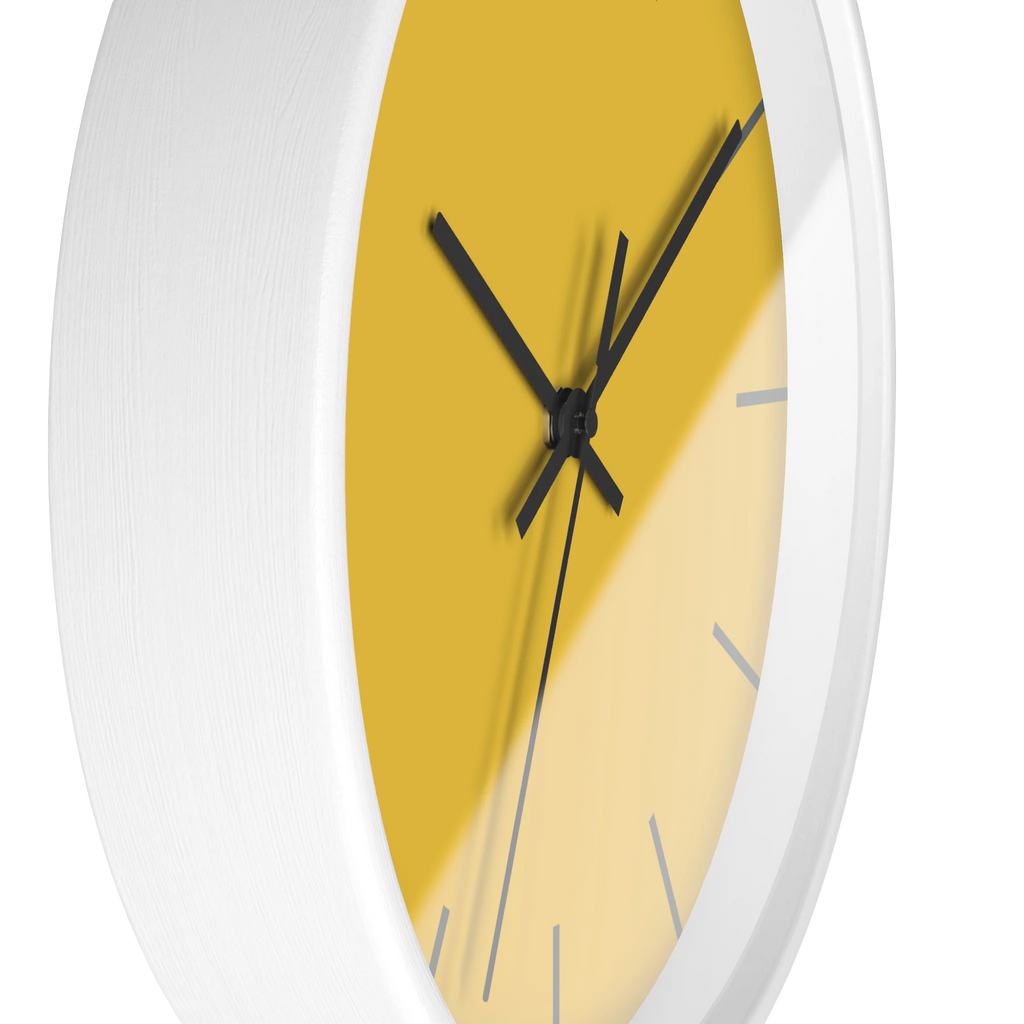 Champ yellow silent wall clock, white base, black hands, dark grey markers, 10 inch, side view.