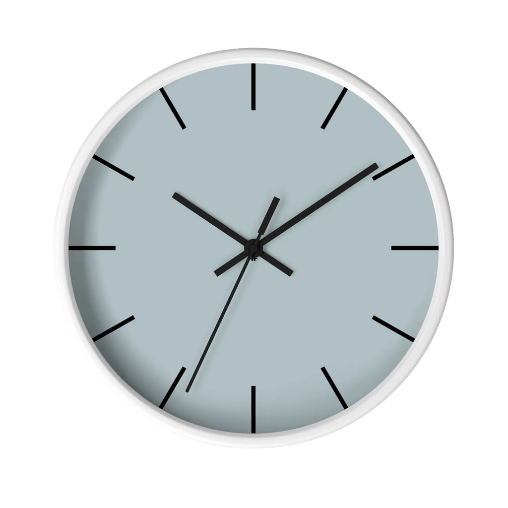 Cool silver silent wall clock, white base, black hands, black markers, 10 inch, front view.