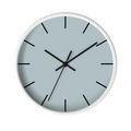 Cool silver silent wall clock, white base, black hands, black markers, 10 inch, front view.