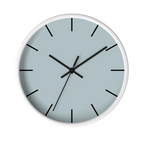 Cool silver silent wall clock, white base, black hands, black markers, 10 inch, front view.