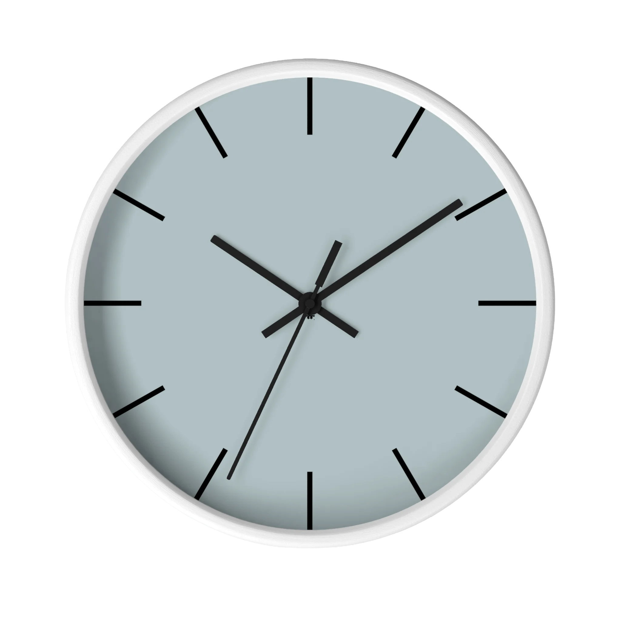 Cool silver silent wall clock, white base, black hands, black markers, 10 inch, front view.
