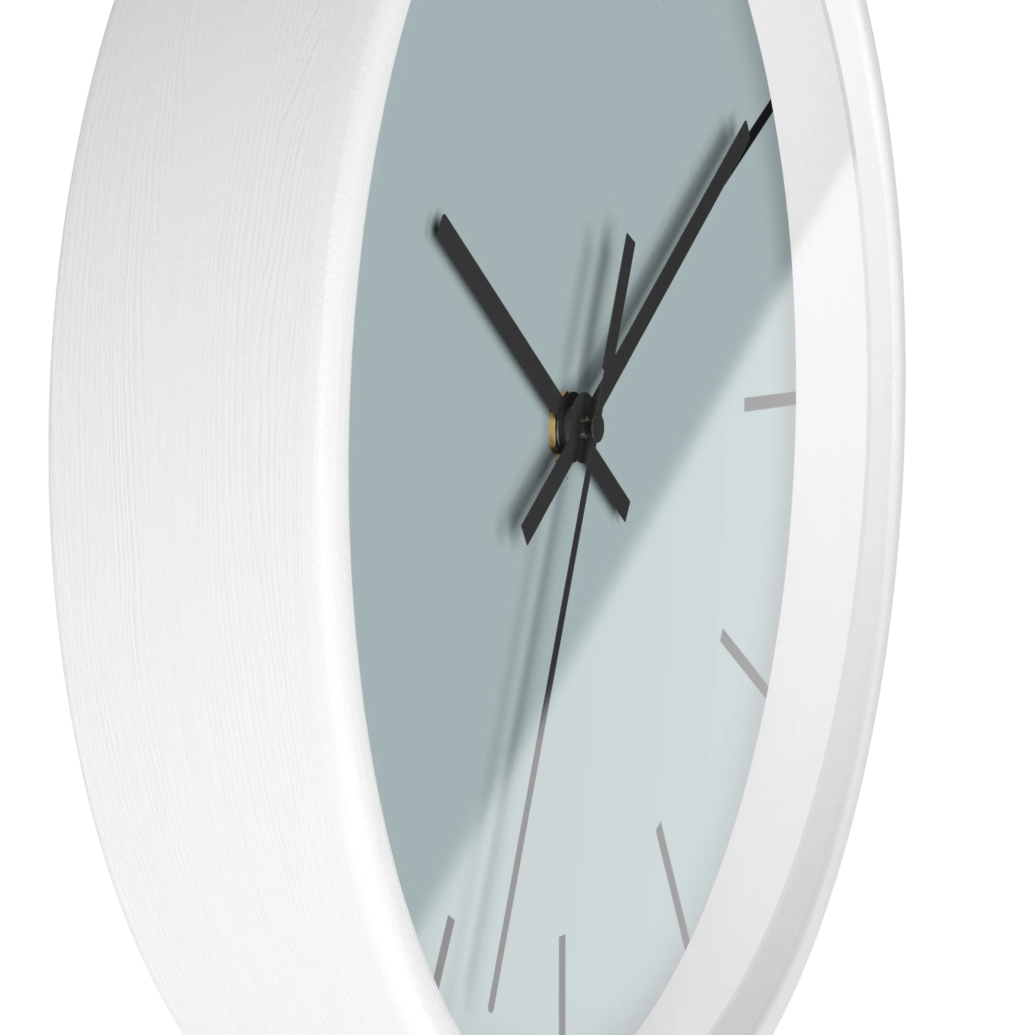 Cool silver silent wall clock, white base, black hands, black markers, 10 inch, side view.