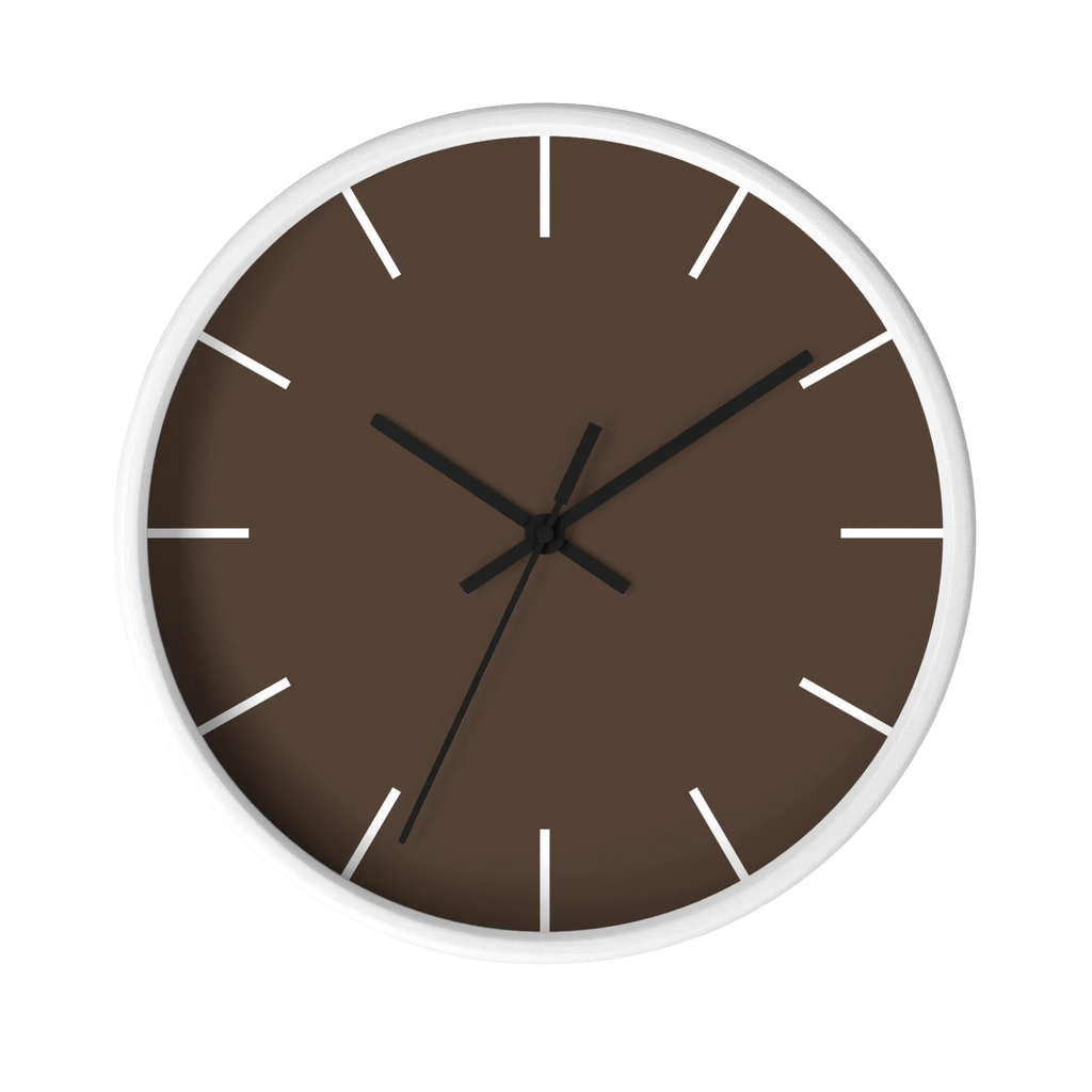 Country brown silent wall clock, white base, black hands, white markers, 10 inch, front view.