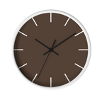 Country brown silent wall clock, white base, black hands, white markers, 10 inch, front view.