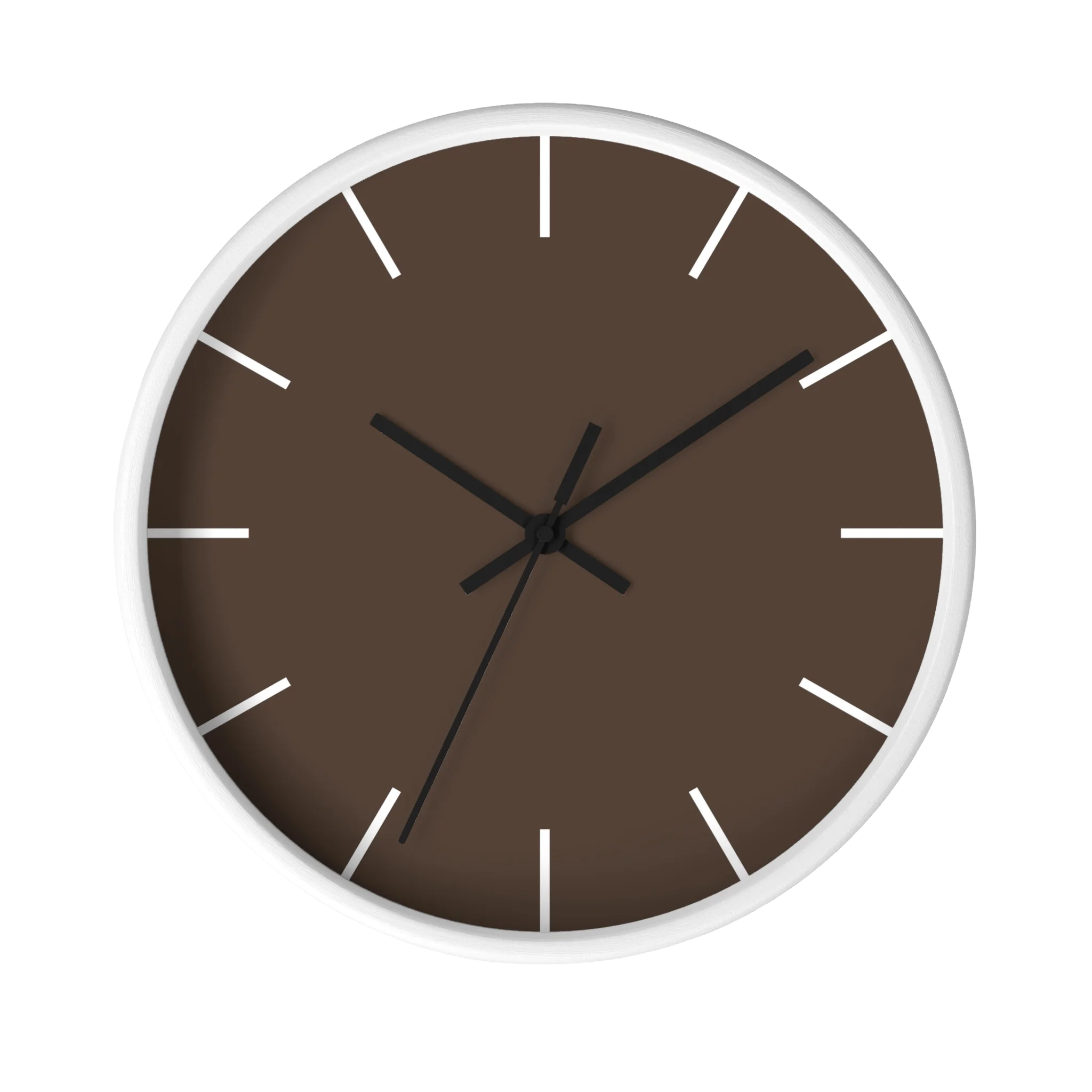 Country brown silent wall clock, white base, black hands, white markers, 10 inch, front view.
