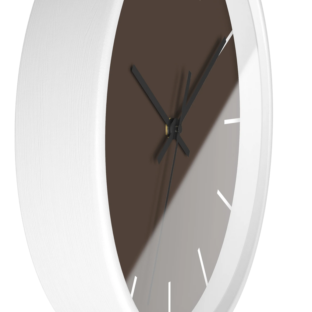 Country brown silent wall clock, white base, black hands, white markers, 10 inch, side view.
