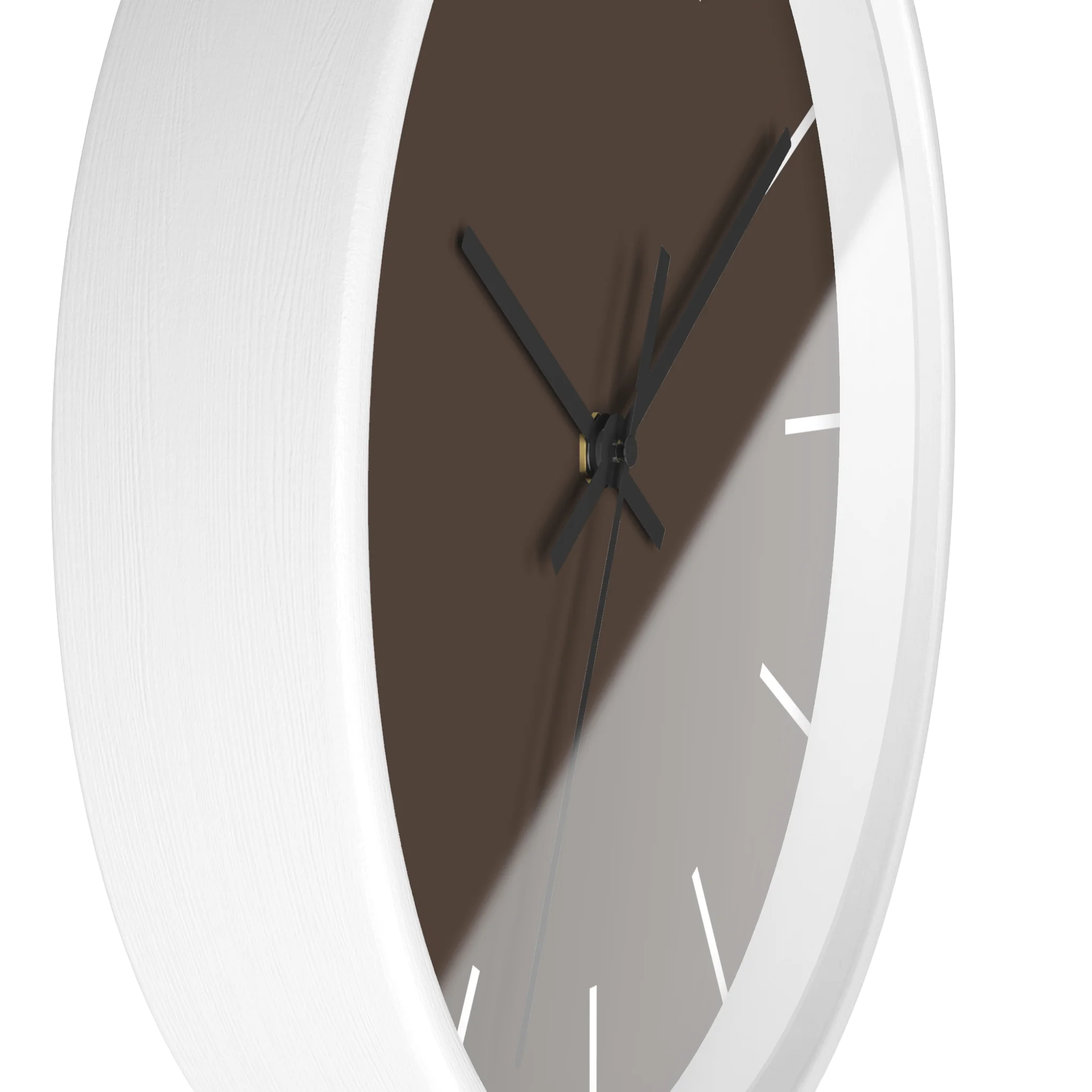 Country brown silent wall clock, white base, black hands, white markers, 10 inch, side view.