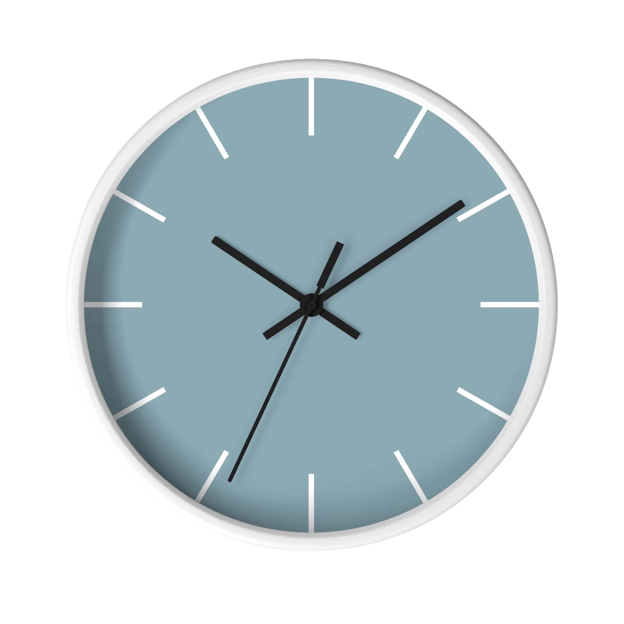Danish blue minimalist wall clock with white wooden base, black hands, and white time markers, front view.