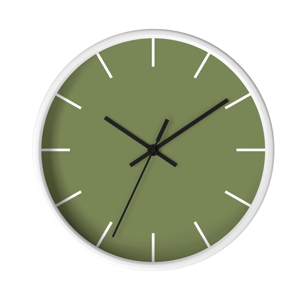 Dark sage olive green silent wall clock, white base, black hands, white markers, 10 inch, front view.