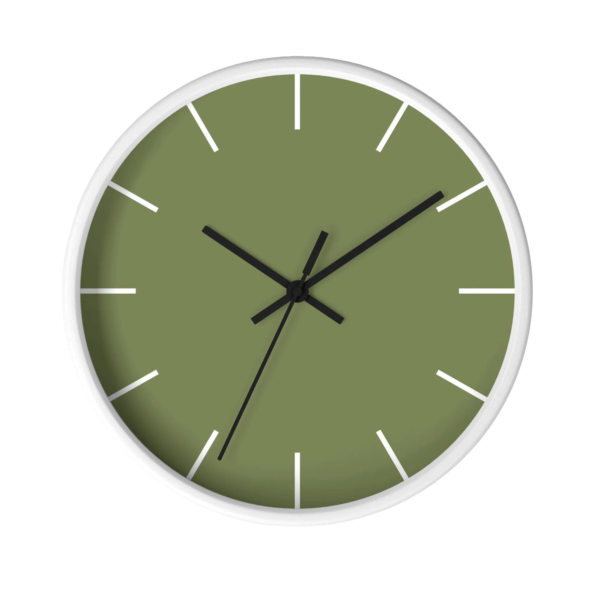 Dark sage olive green silent wall clock, white base, black hands, white markers, 10 inch, front view.