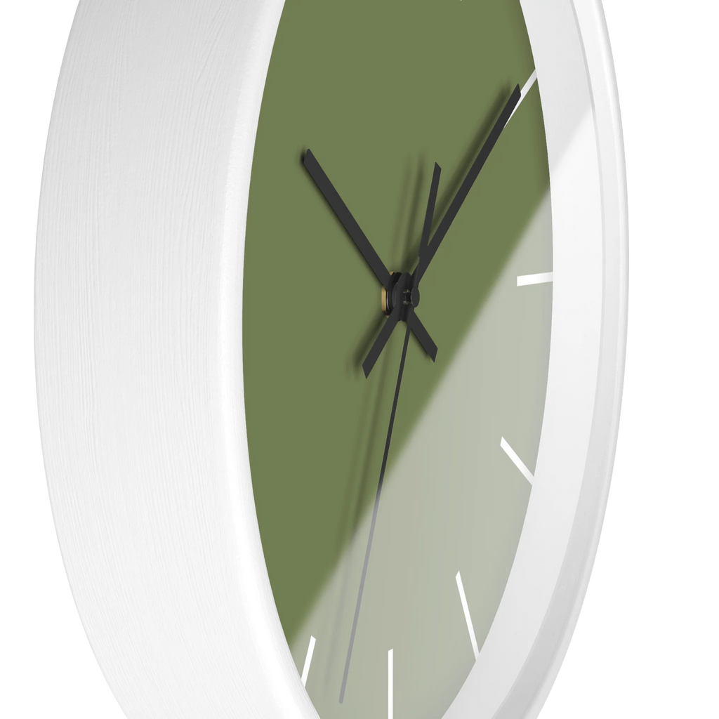Dark sage olive green silent wall clock, white base, black hands, white markers, 10 inch, side view.